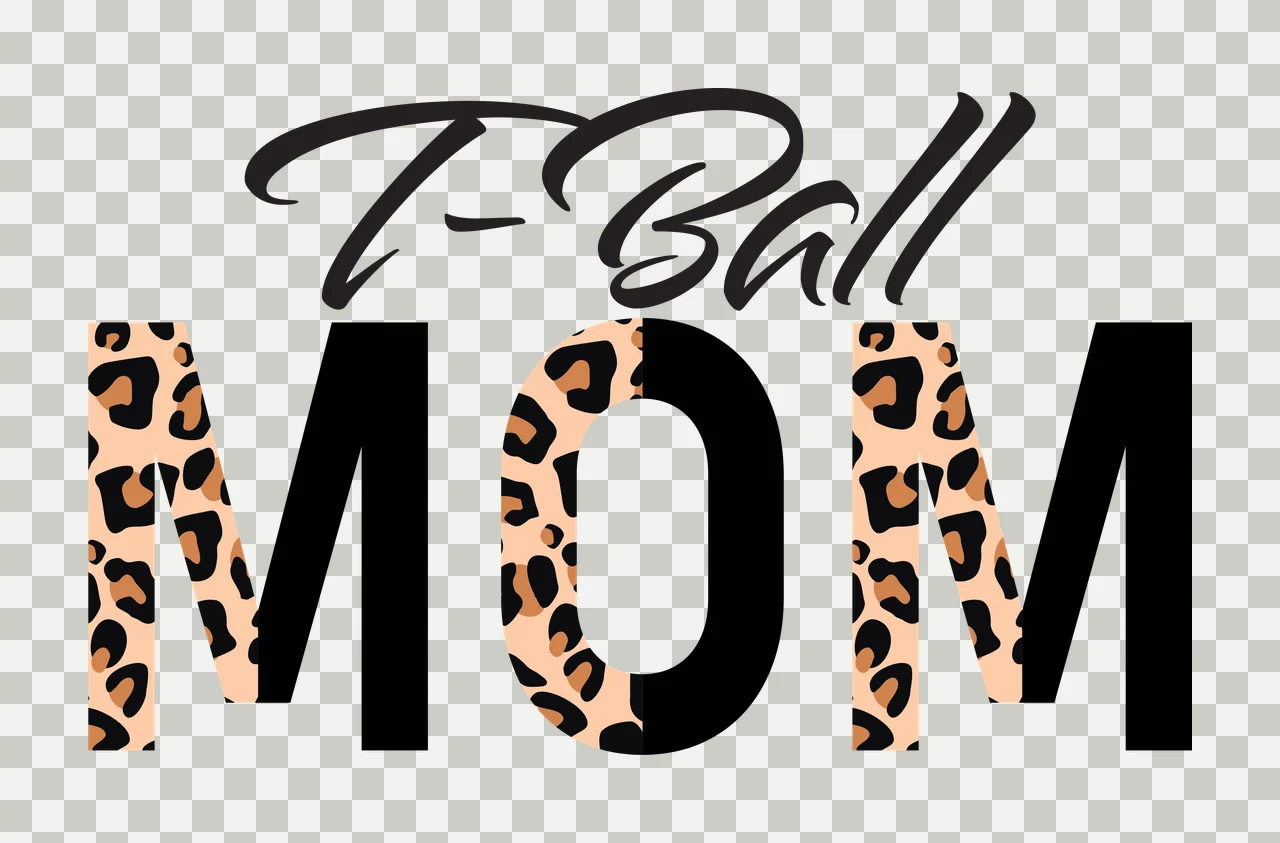 T-Ball MOM Typography Design with T-Ball text, MOM letters and leopard print pattern in black, tan and brown transparency and detail preview thumbnail