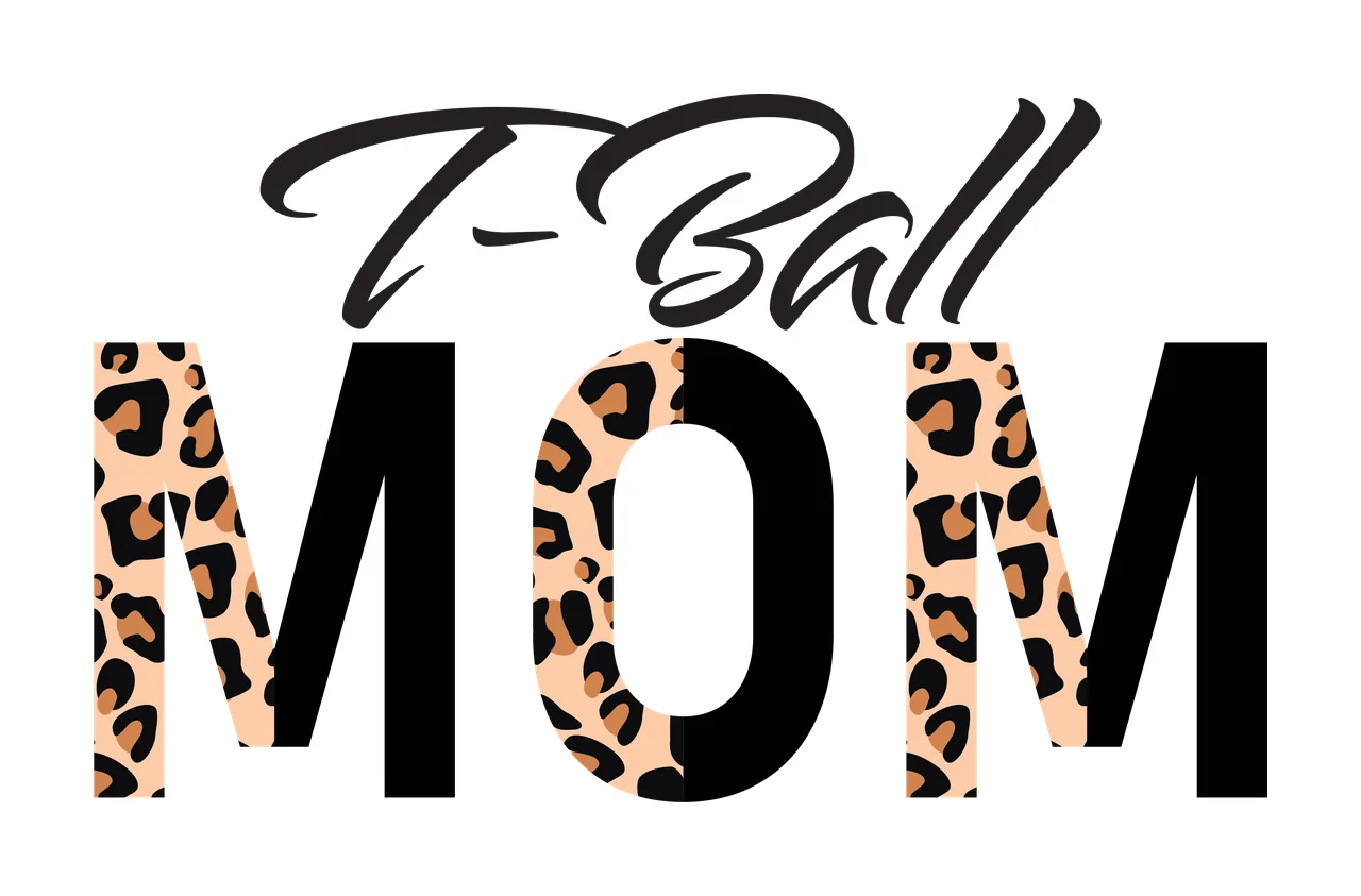 T-Ball MOM Typography Design with T-Ball text, MOM letters and leopard print pattern in black, tan and brown