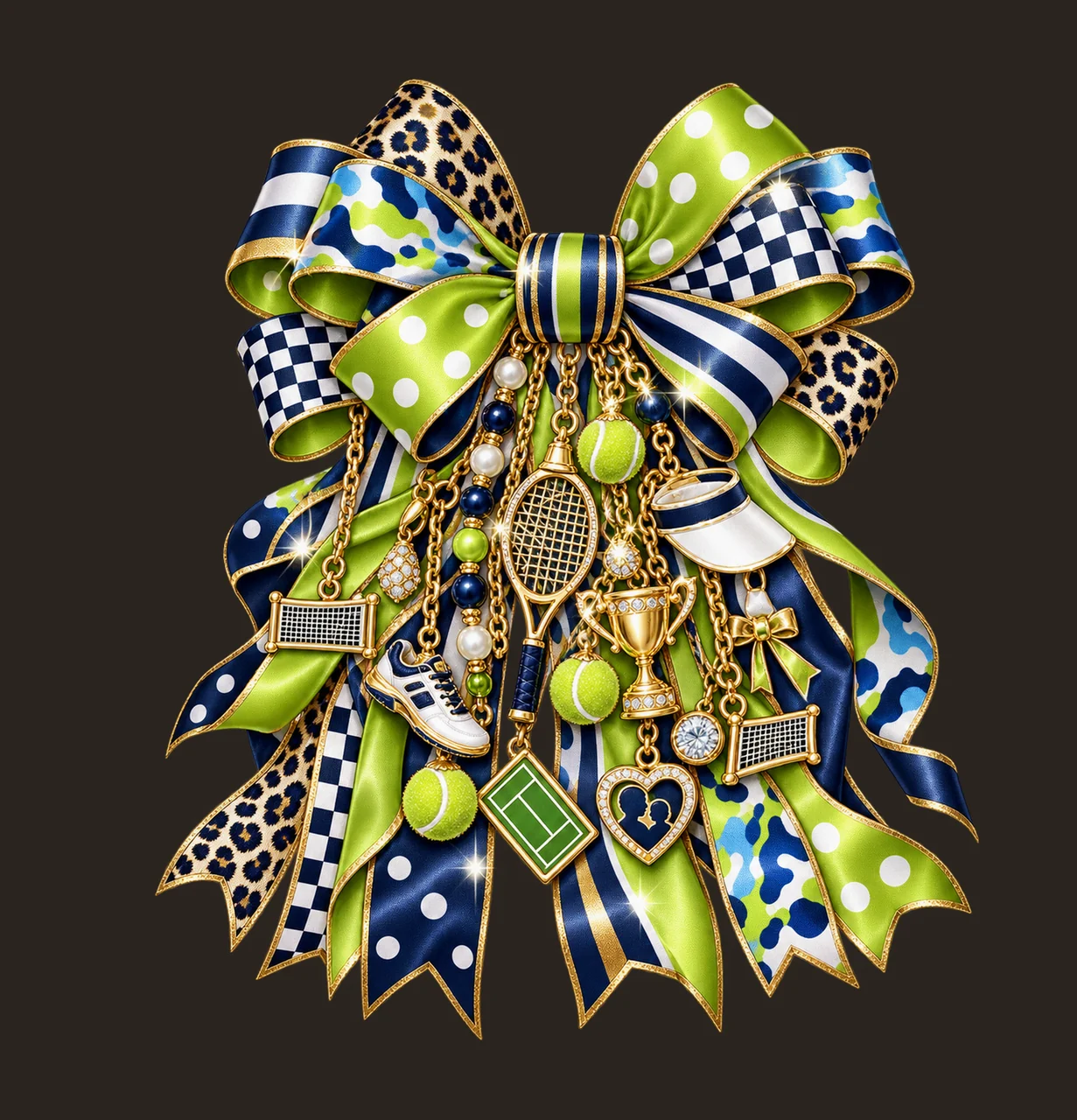 Tennis Mom Bow Charm PNG, Themed Gold Chain Charms, Coquette Ribbon Sublimation Design, Transparent Digital Download contrast preview thumbnail