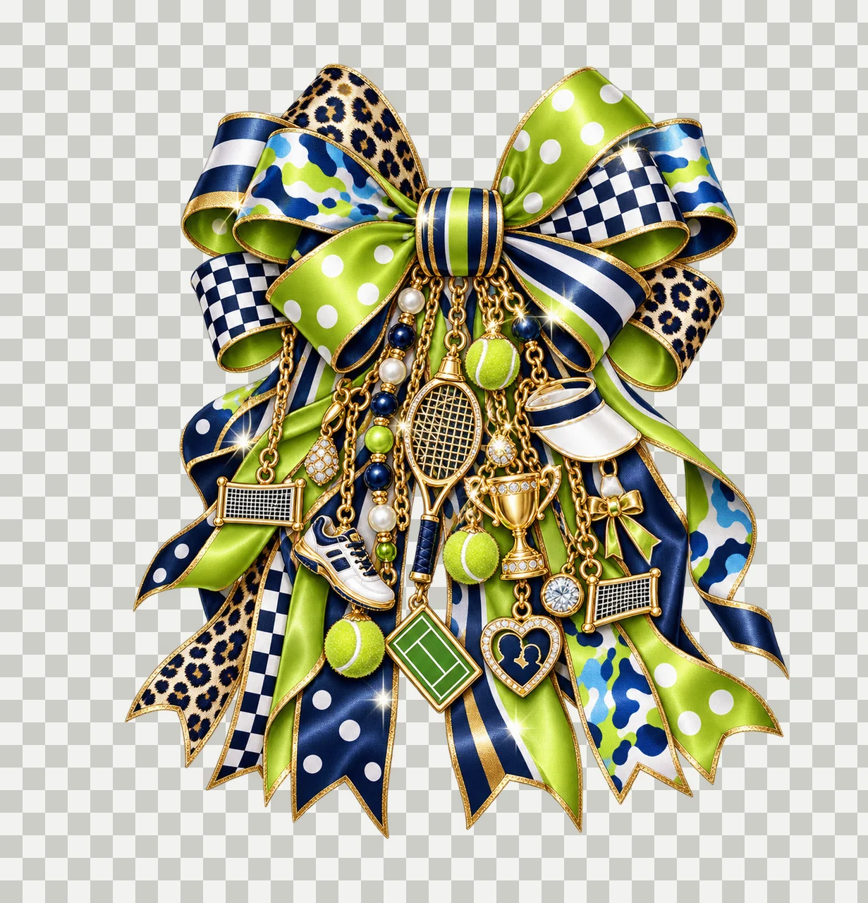 Tennis Mom Bow Charm PNG, Themed Gold Chain Charms, Coquette Ribbon Sublimation Design, Transparent Digital Download transparency and detail preview thumbnail