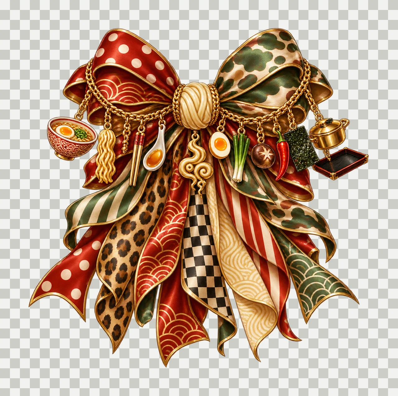 Ramen Lover Bow Charm PNG, Themed Gold Chain Charms, Coquette Ribbon Sublimation Design, Transparent Digital Download transparency and detail preview thumbnail