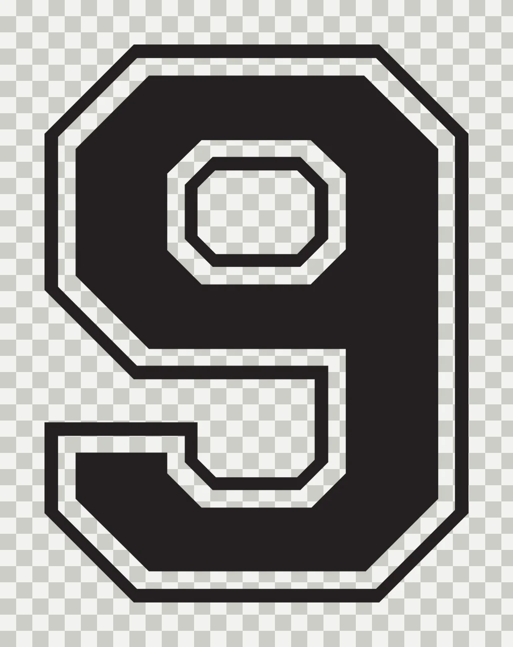 9 Number Design with block lettering, double outline, varsity and geometric shapes in black and white transparency and detail preview thumbnail