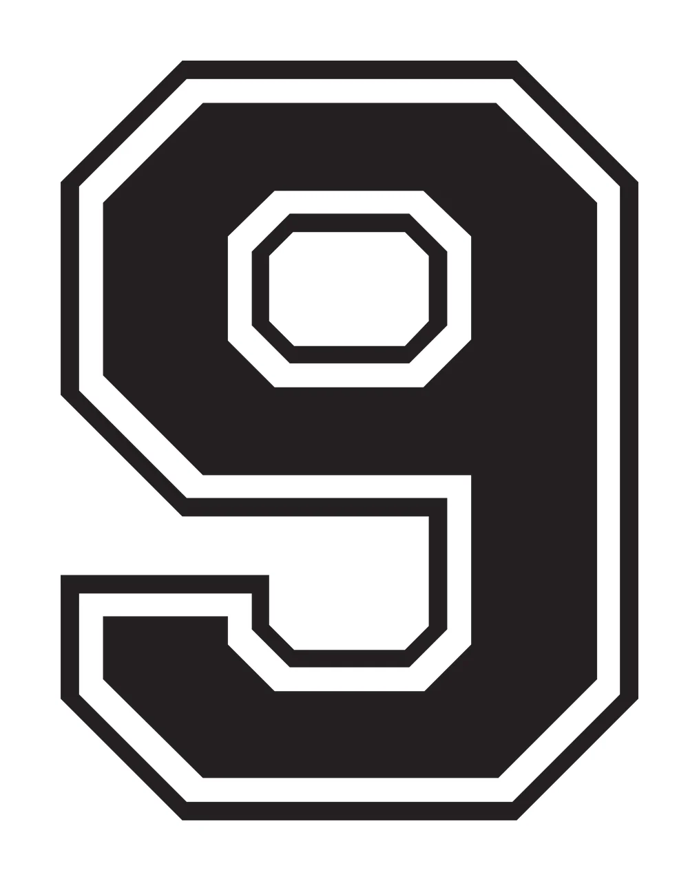 9 Number Design with block lettering, double outline, varsity and geometric shapes in black and white
