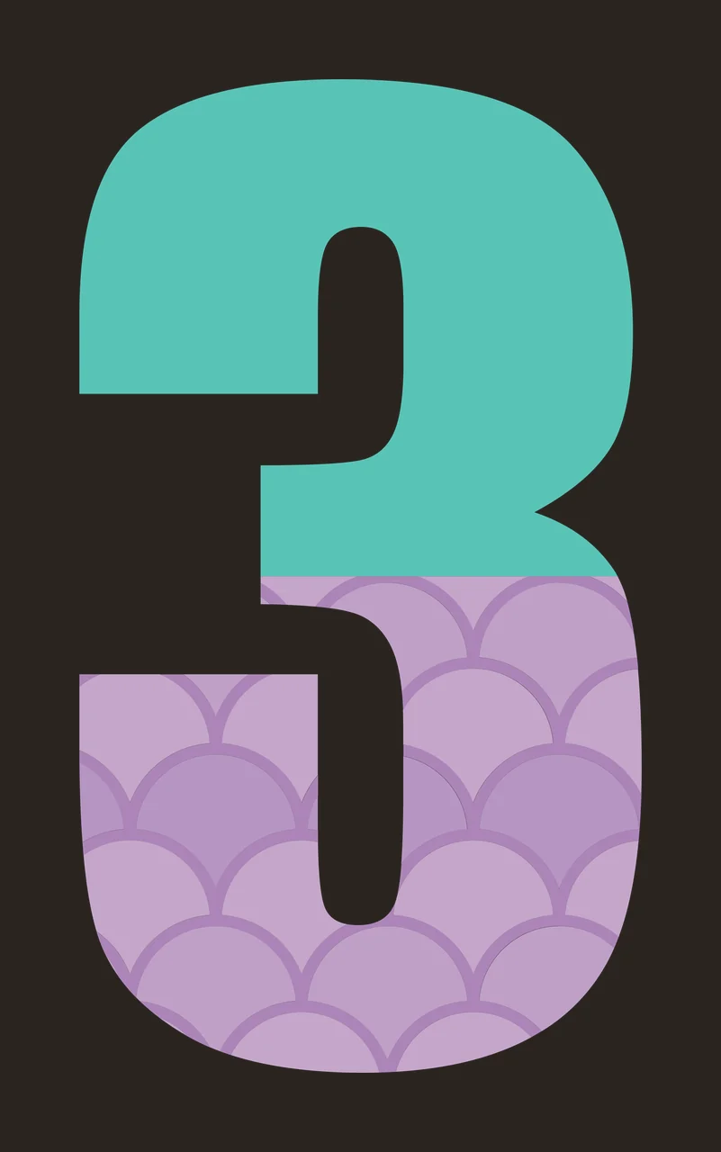 3 Number Design with scalloped scale pattern, teal upper section and lavender purple lower section in white contrast preview thumbnail