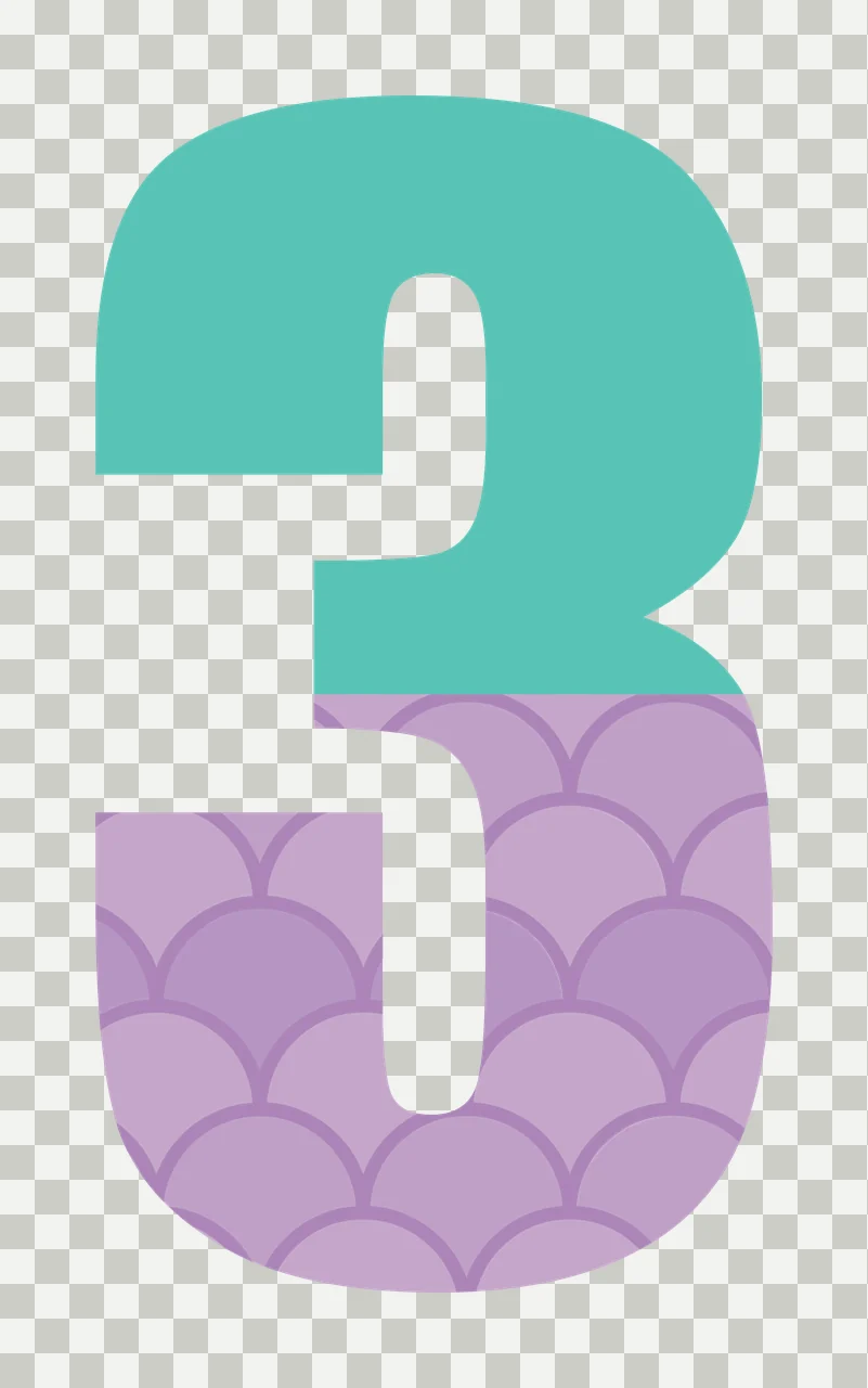 3 Number Design with scalloped scale pattern, teal upper section and lavender purple lower section in white transparency and detail preview thumbnail