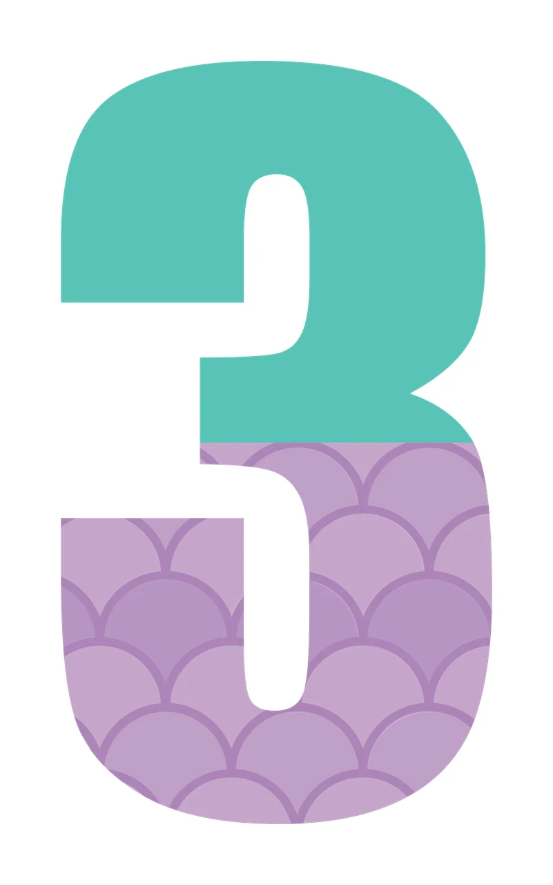 3 Number Design with scalloped scale pattern, teal upper section and lavender purple lower section in white