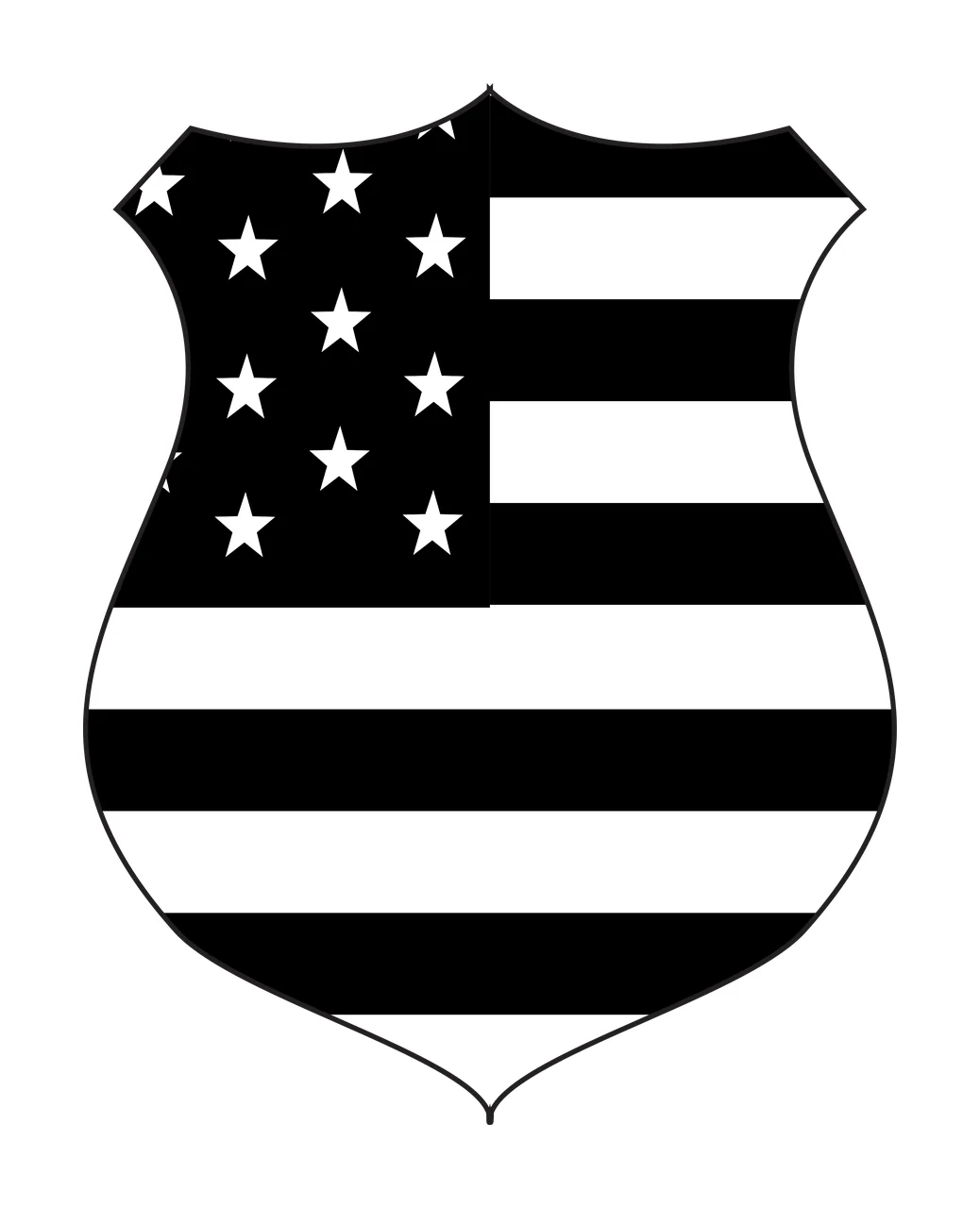 Shield emblem Illustration with shield outline, five-pointed stars and horizontal stripes in black and white