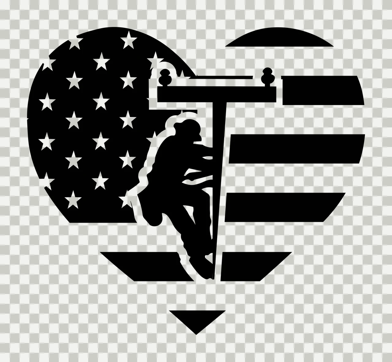Utility Worker On Pole Inside Heart climbing American flag pattern transparency and detail preview thumbnail