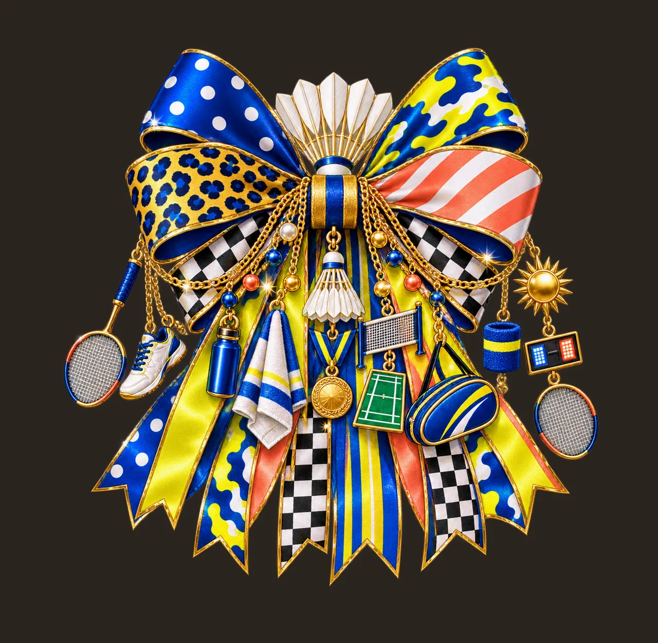 Badminton Lover Bow Charm PNG, Themed Gold Chain Charms, Coquette Ribbon Sublimation Design, Transparent Digital Download contrast preview thumbnail