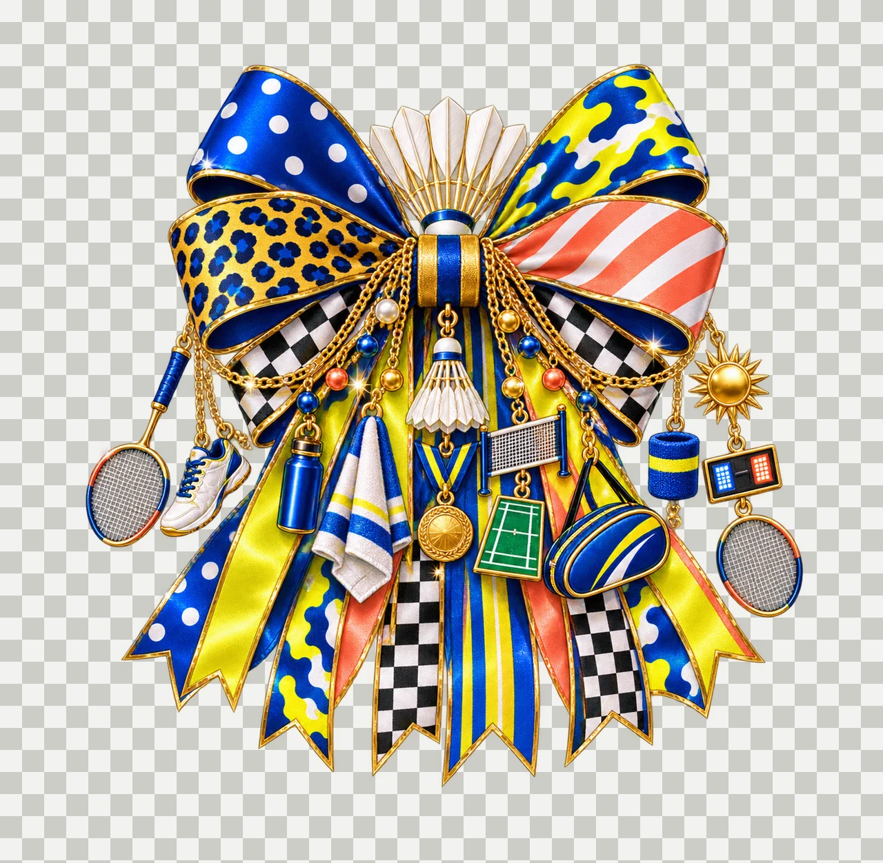 Badminton Lover Bow Charm PNG, Themed Gold Chain Charms, Coquette Ribbon Sublimation Design, Transparent Digital Download transparency and detail preview thumbnail