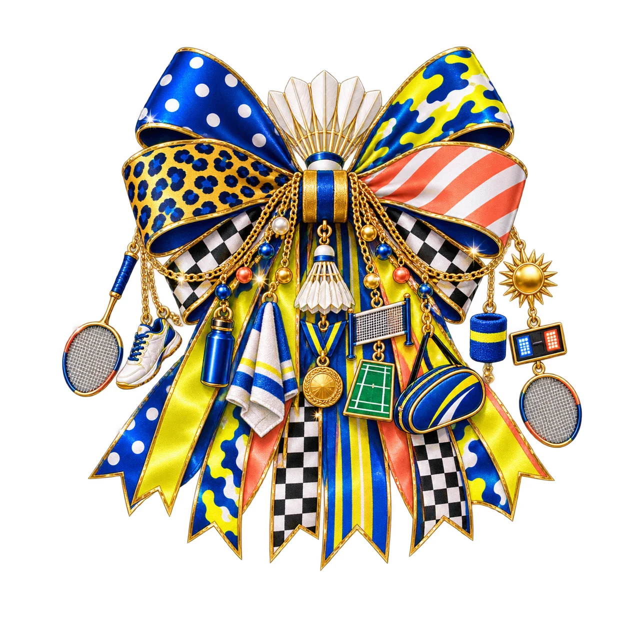 Badminton Lover Bow Charm PNG, Themed Gold Chain Charms, Coquette Ribbon Sublimation Design, Transparent Digital Download