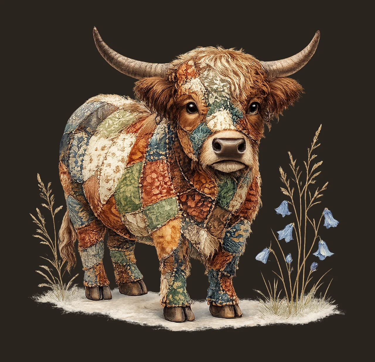 Highland Cow Patchwork Farm Sublimation Design Floral Cow contrast preview thumbnail