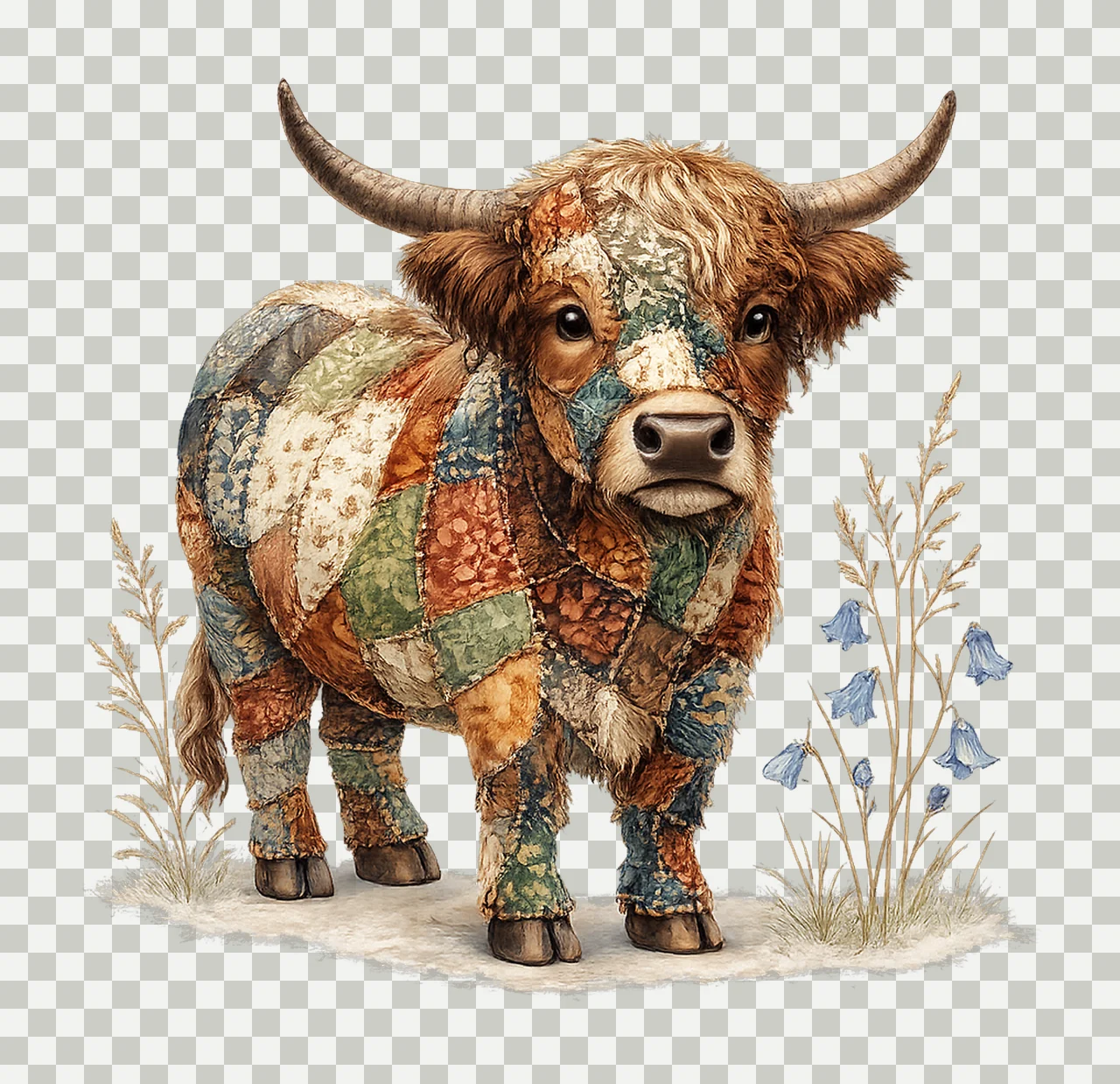 Highland Cow Patchwork Farm Sublimation Design Floral Cow transparency and detail preview thumbnail
