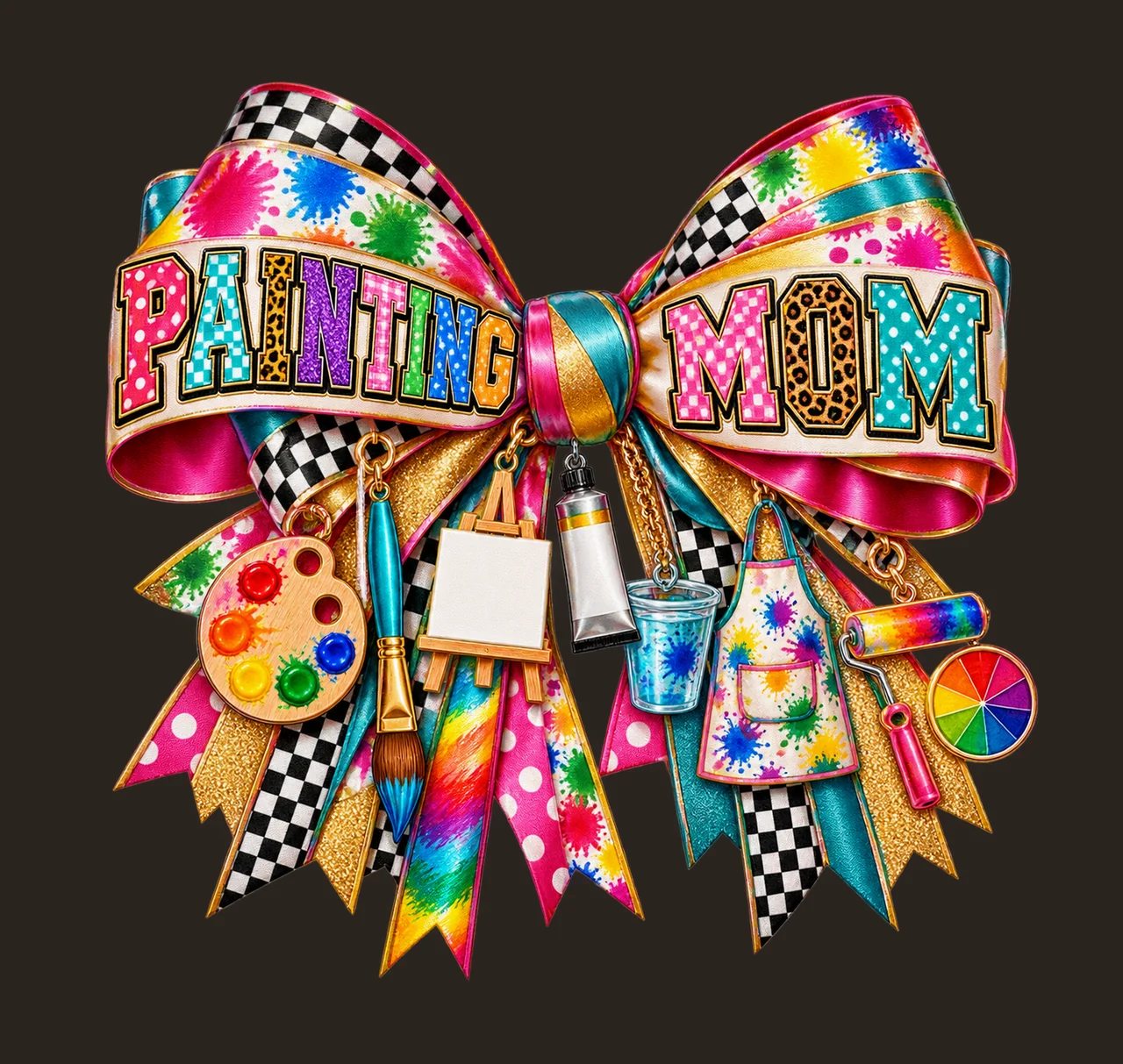 Painting Mom Bow Charm PNG, Patterned Varsity Mom Ribbon Clipart, Transparent Sublimation Digital Download contrast preview thumbnail