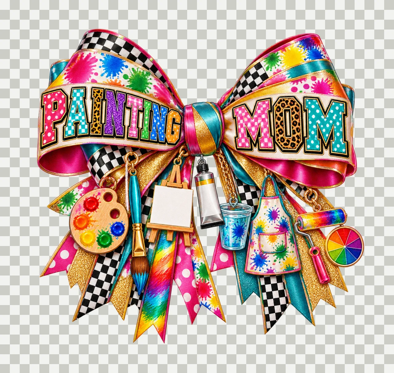 Painting Mom Bow Charm PNG, Patterned Varsity Mom Ribbon Clipart, Transparent Sublimation Digital Download transparency and detail preview thumbnail