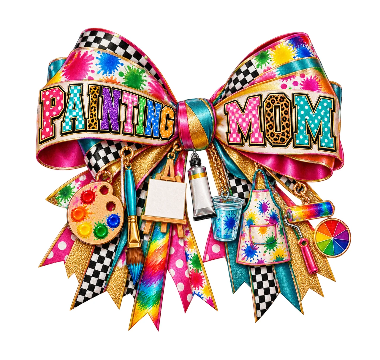 Painting Mom Bow Charm PNG, Patterned Varsity Mom Ribbon Clipart, Transparent Sublimation Digital Download
