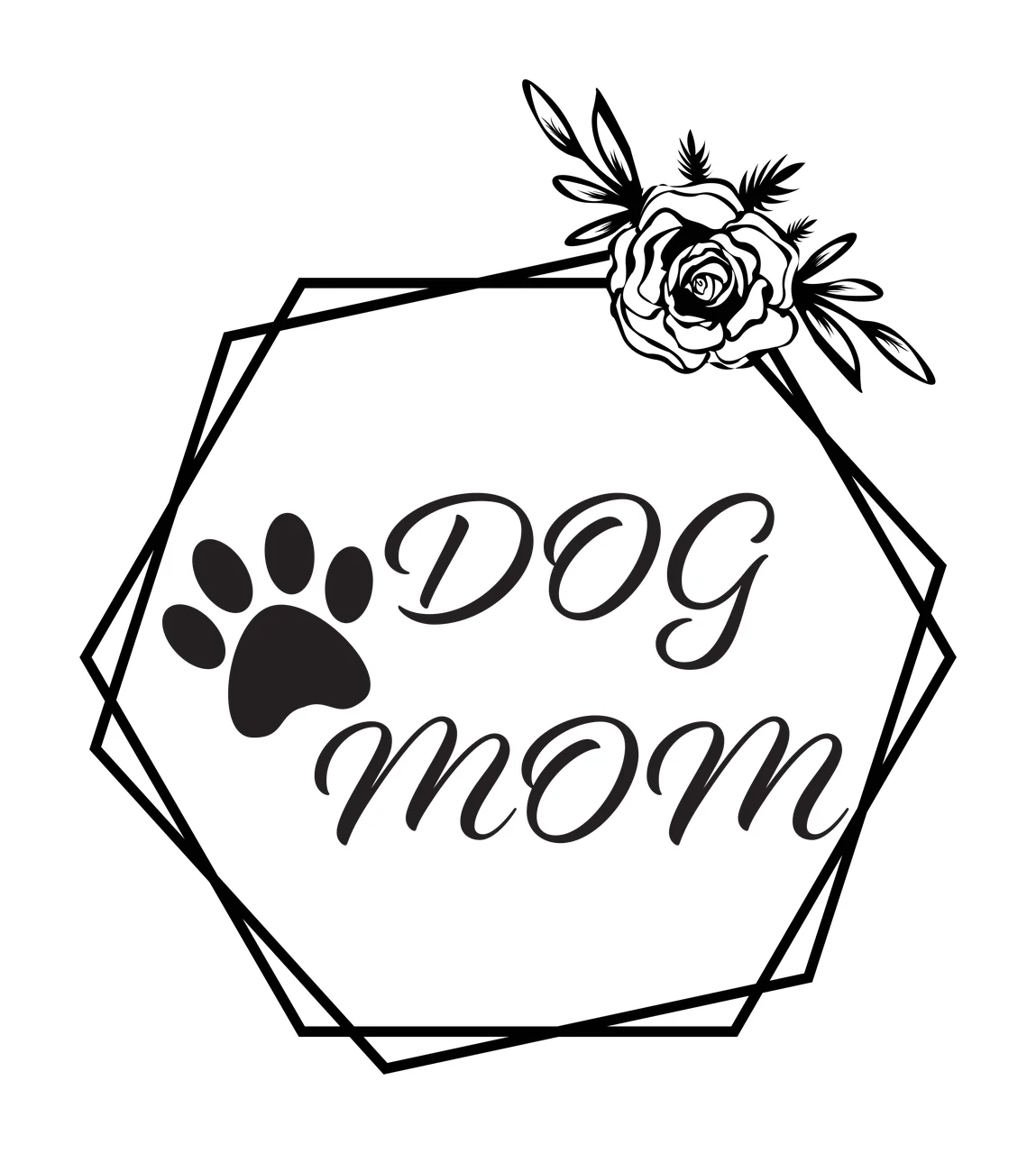 DOG mom Dog Mom typography emblem with paw print icon, rose flower, botanical leaves and geometric polygon frame in black and white