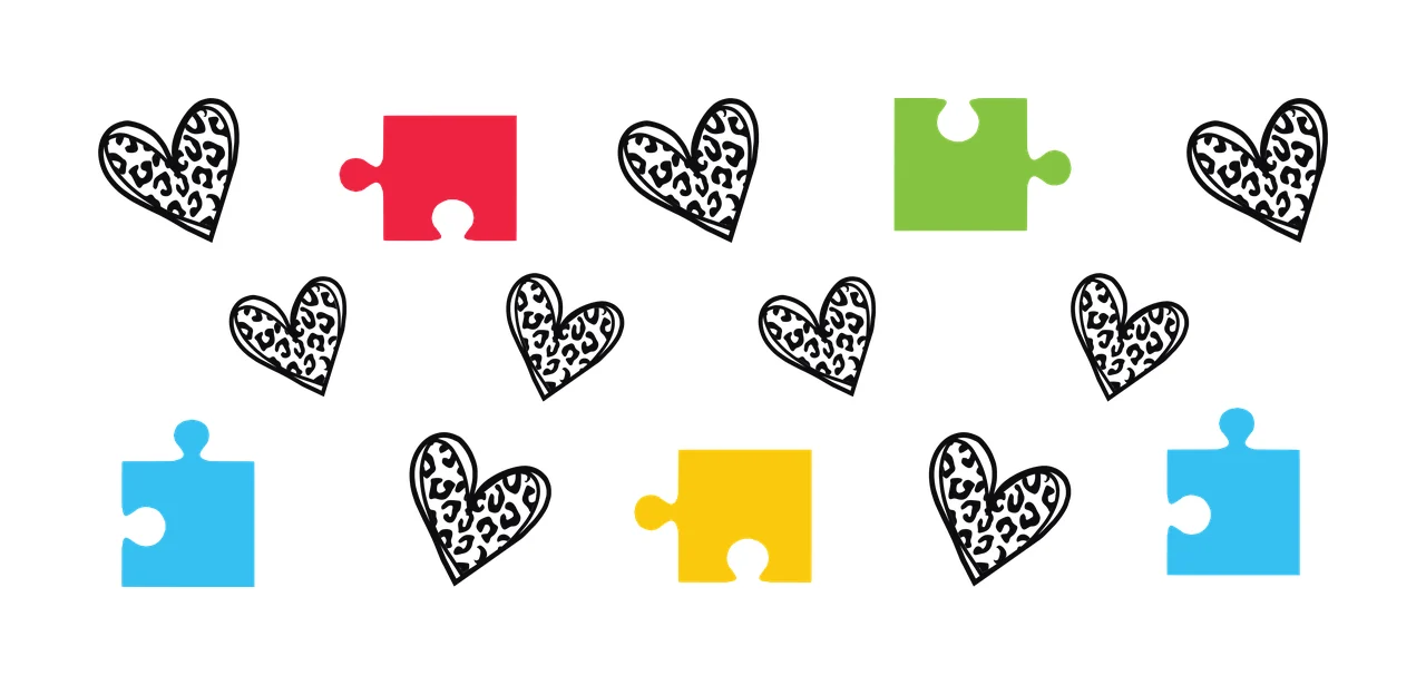 Leopard-print hearts and colorful puzzle pieces Illustration with black leopard-print heart, red puzzle piece, green puzzle piece and blue puzzle piece