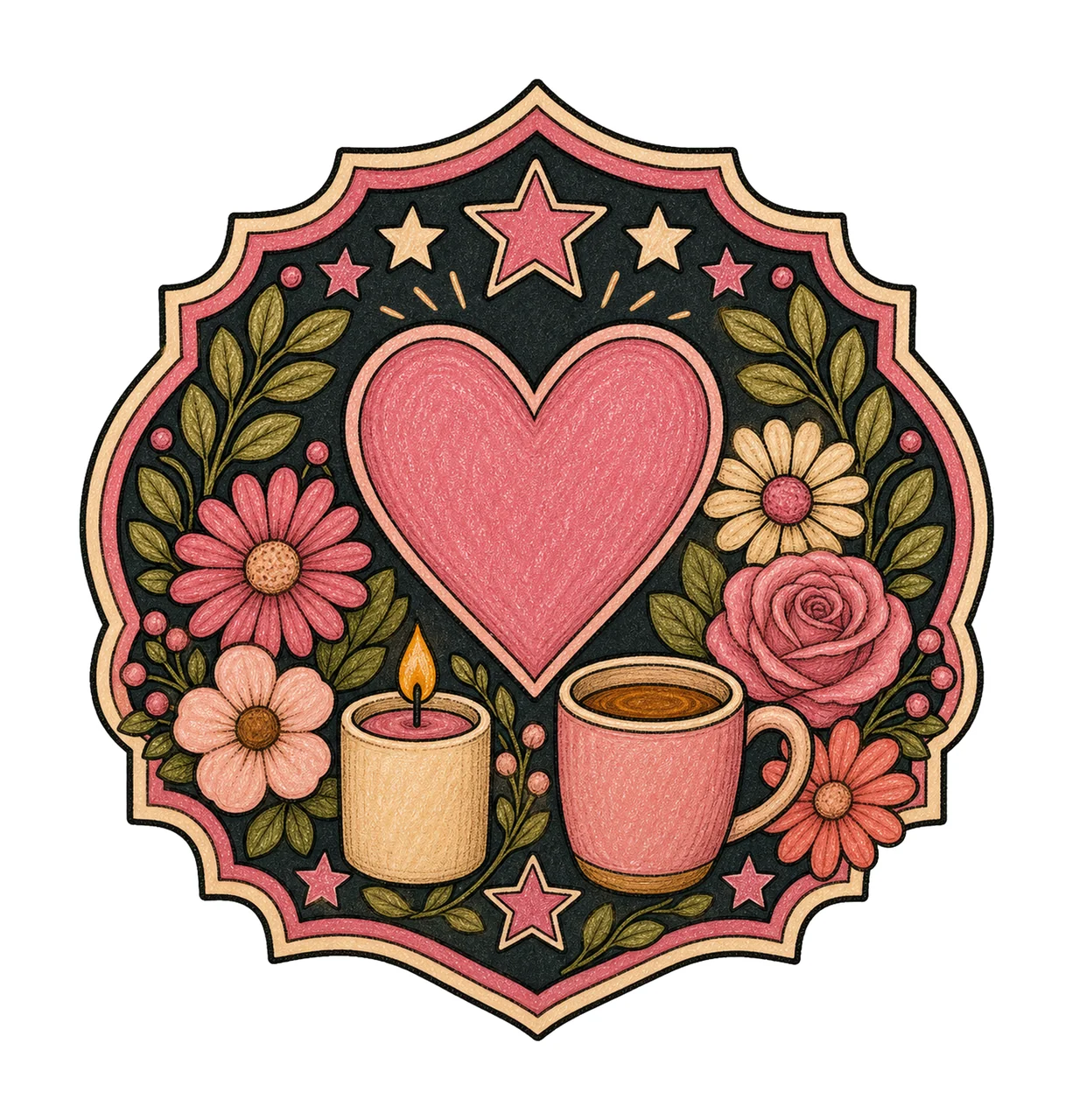 Crest Emblem Framing With Pink Heart And Flowers leaves