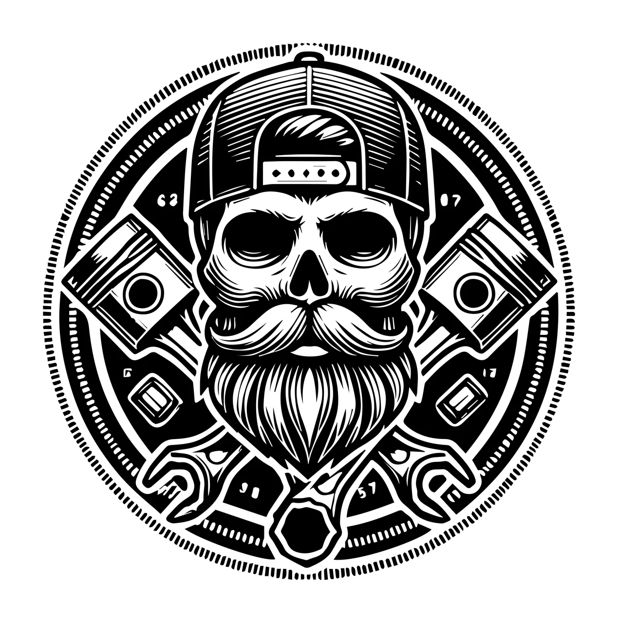 Mechanic Skull With Pistons Wrench Emblem beard cap wrenches