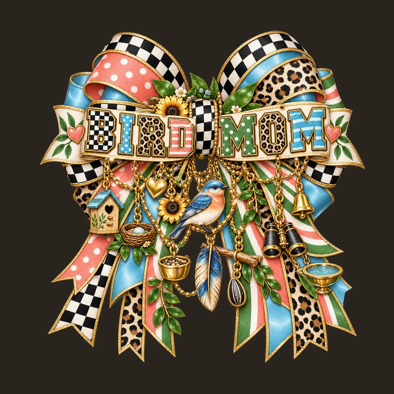 Bird Mom Bow Charm PNG, Patterned Varsity Mom Ribbon Clipart, Transparent Sublimation Digital Download contrast preview thumbnail