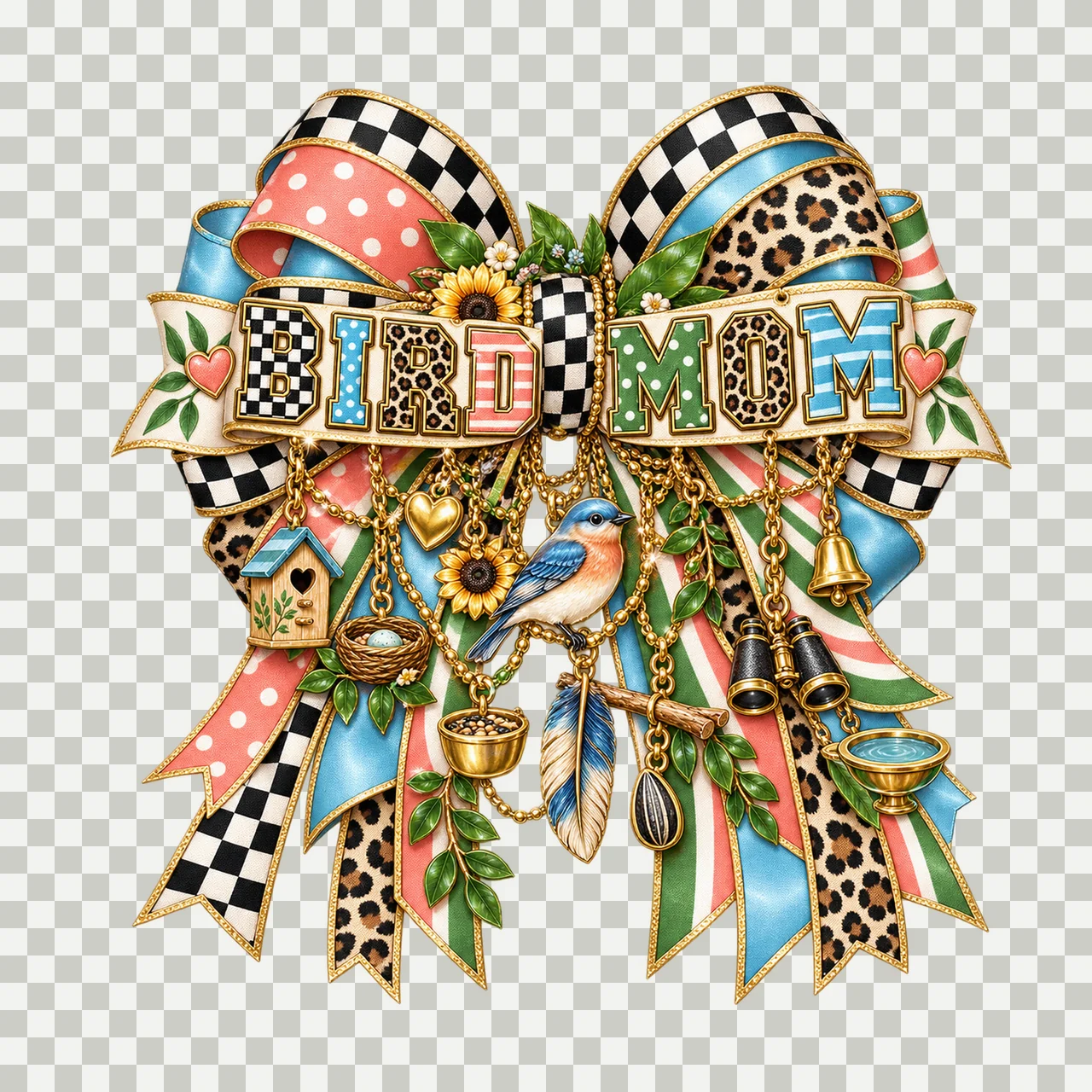 Bird Mom Bow Charm PNG, Patterned Varsity Mom Ribbon Clipart, Transparent Sublimation Digital Download transparency and detail preview thumbnail