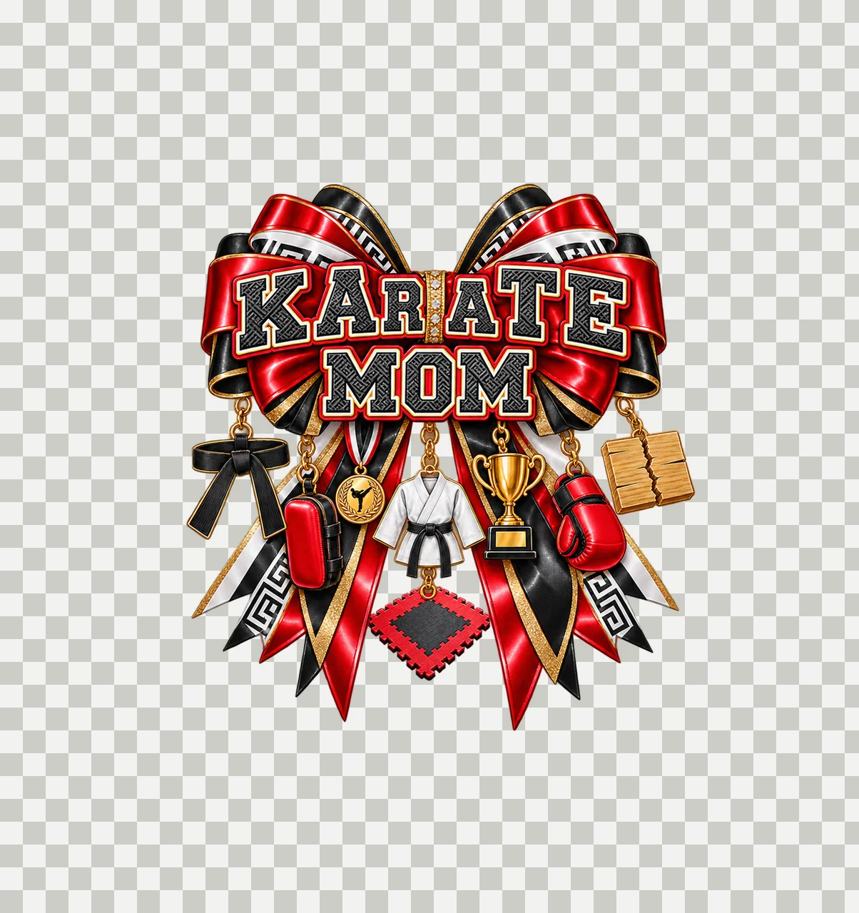 Karate Mom Bow Charm PNG, Patterned Varsity Mom Ribbon Clipart, Transparent Sublimation Digital Download transparency and detail preview thumbnail
