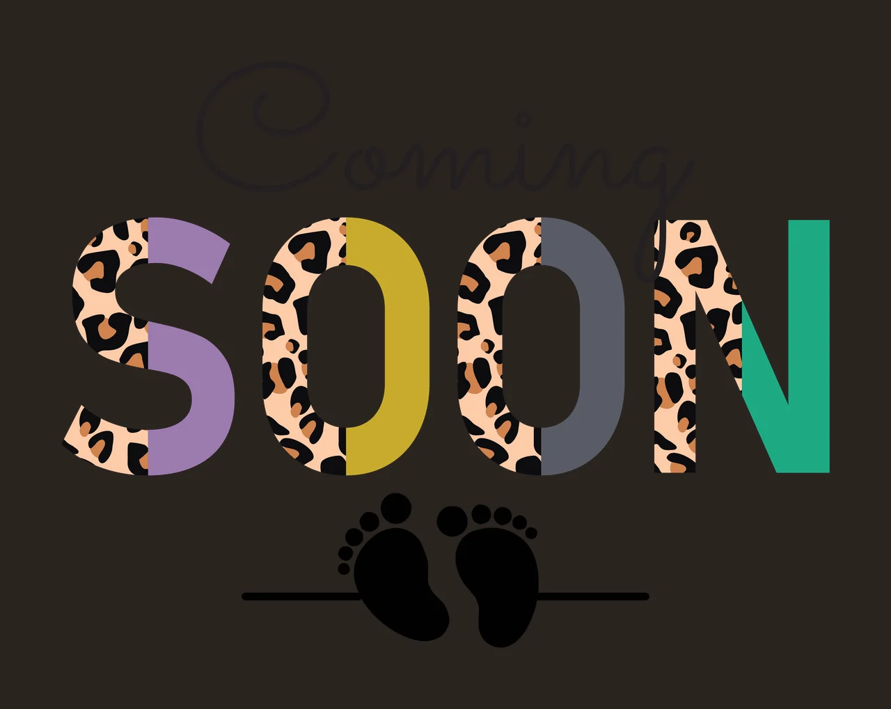 Coming SOON Typography Design with Coming SOON text, leopard print pattern, baby footprints and horizontal line in black, tan and purple contrast preview thumbnail