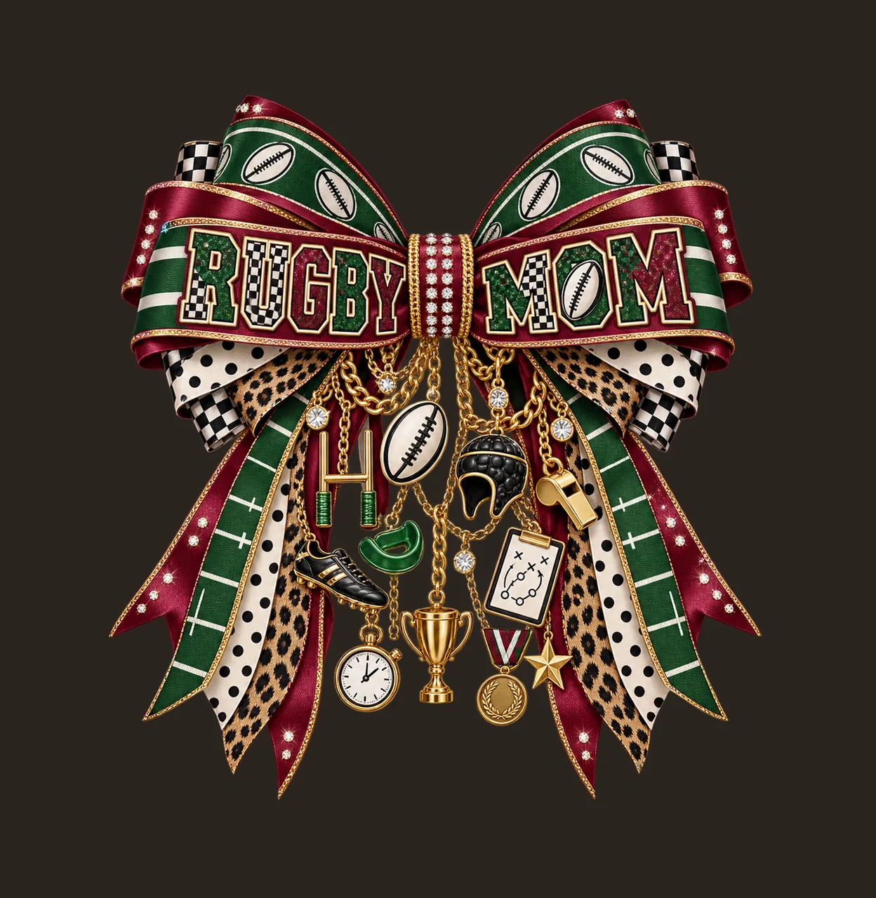Rugby Mom Bow Charm PNG, Patterned Varsity Mom Ribbon Clipart, Transparent Sublimation Digital Download contrast preview thumbnail