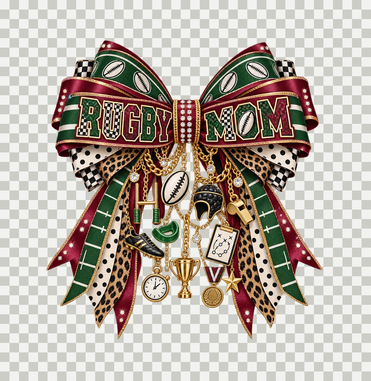Rugby Mom Bow Charm PNG, Patterned Varsity Mom Ribbon Clipart, Transparent Sublimation Digital Download transparency and detail preview thumbnail
