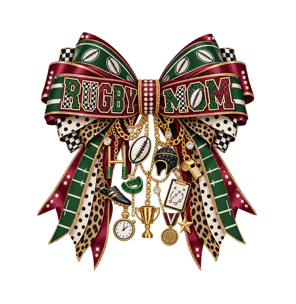 Rugby Mom Bow Charm PNG, Patterned Varsity Mom Ribbon Clipart, Transparent Sublimation Digital Download