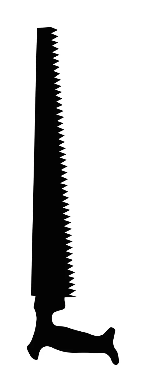 Silhouette Design of hand saw with saw blade, serrated teeth and handle in black and white