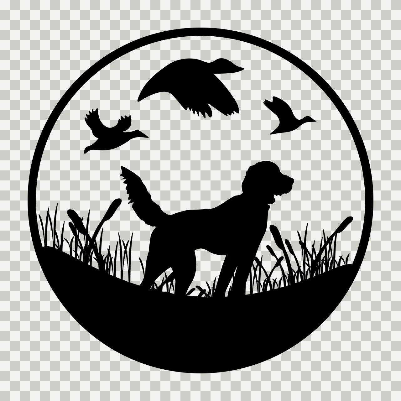 Dog And Flying Ducks Silhouette standing grass circular black transparency and detail preview thumbnail