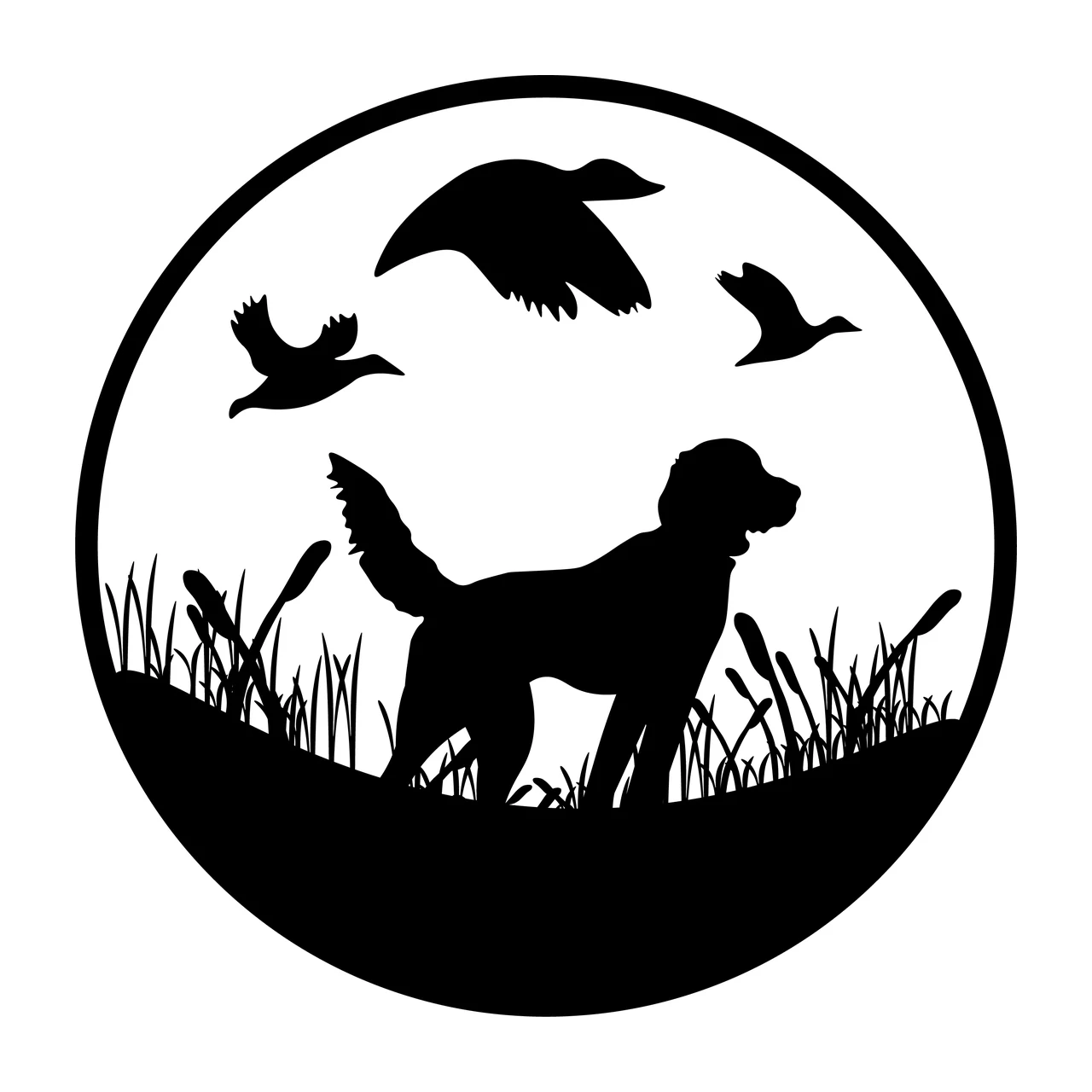 Dog And Flying Ducks Silhouette standing grass circular black
