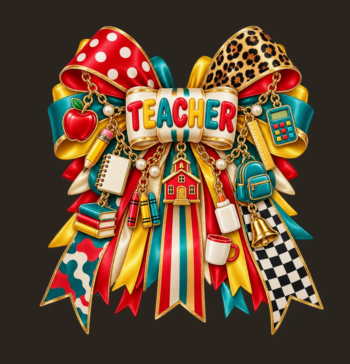 Teacher Appreciation Bow Charm PNG, Gold Chain Charms, Transparent Sublimation Design, Digital Download contrast preview thumbnail