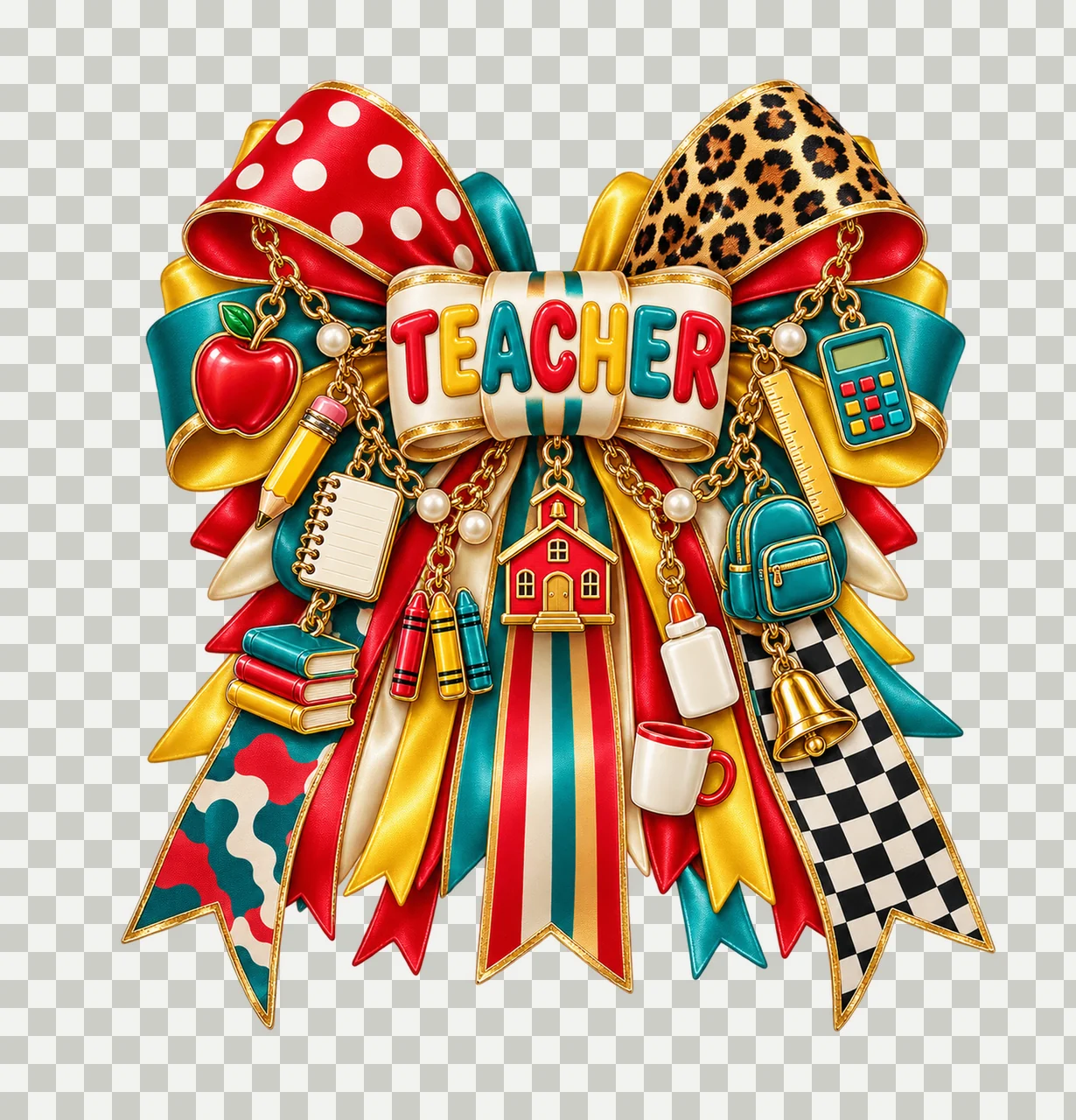 Teacher Appreciation Bow Charm PNG, Gold Chain Charms, Transparent Sublimation Design, Digital Download transparency and detail preview thumbnail