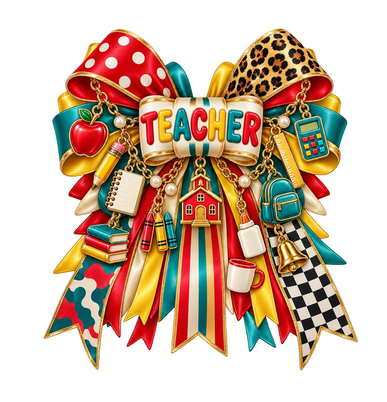 Teacher Appreciation Bow Charm PNG, Gold Chain Charms, Transparent Sublimation Design, Digital Download
