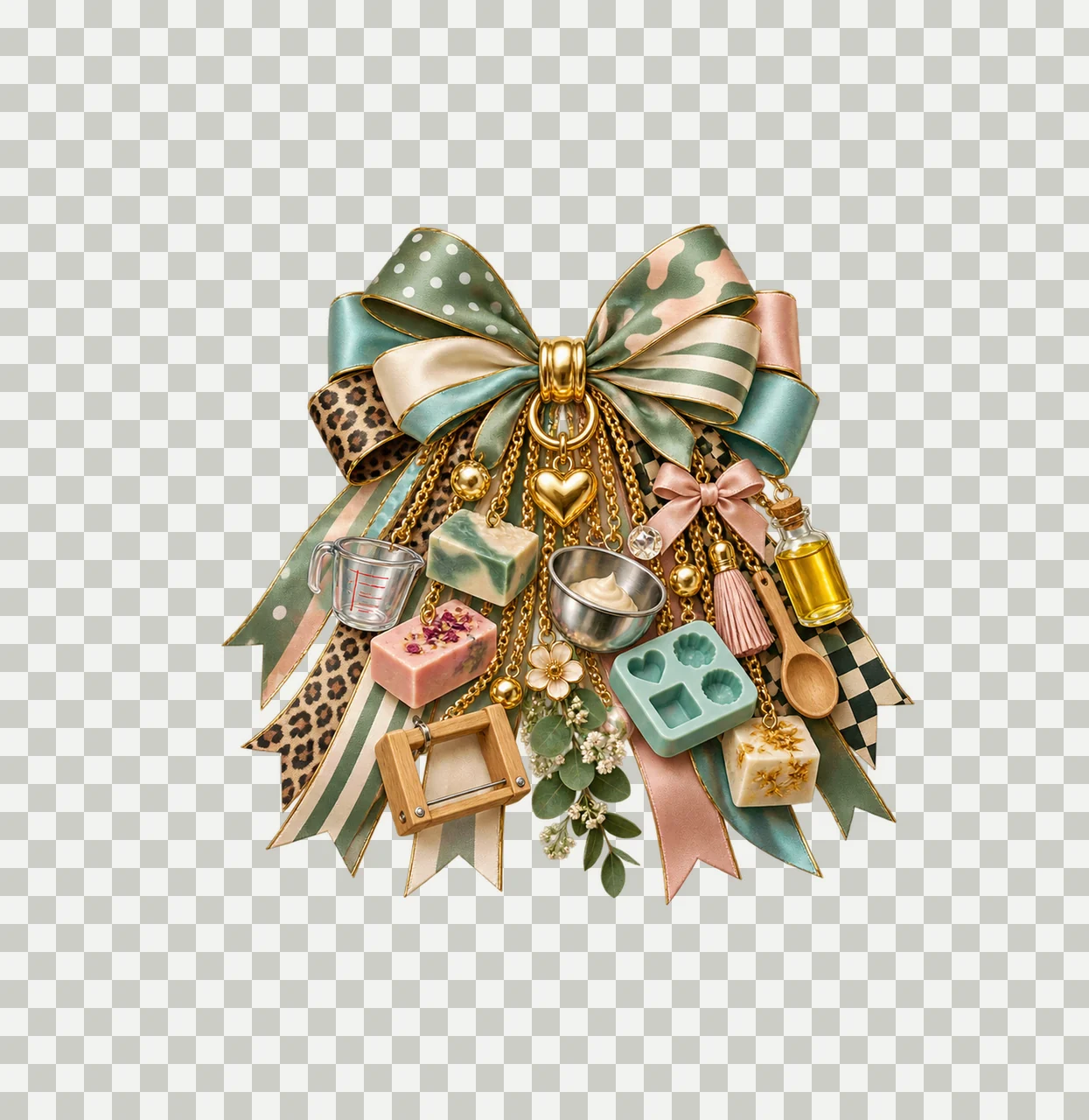 Soap Maker Bow Charm PNG, Themed Gold Chain Charms, Coquette Ribbon Sublimation Design, Transparent Digital Download transparency and detail preview thumbnail