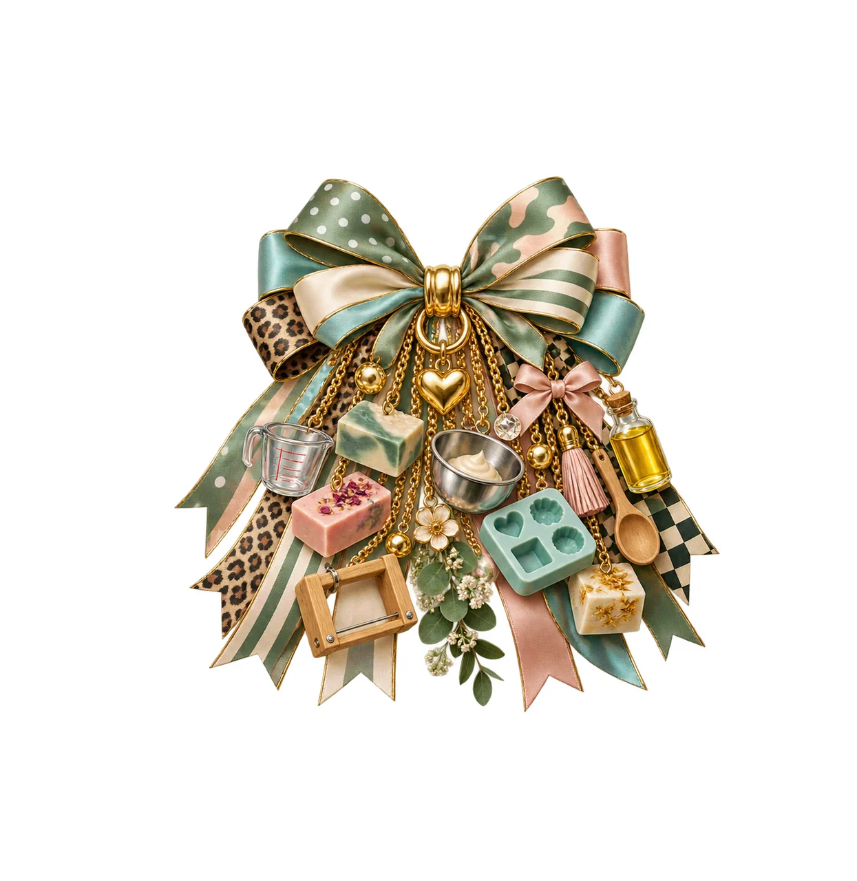 Soap Maker Bow Charm PNG, Themed Gold Chain Charms, Coquette Ribbon Sublimation Design, Transparent Digital Download