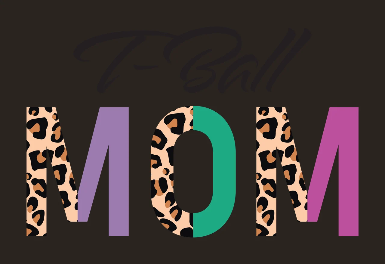 T-Ball MOM Typography Design with T-Ball script text, MOM letters with leopard print and solid colors, leopard print pattern and purple letter M in black, beige and brown contrast preview thumbnail