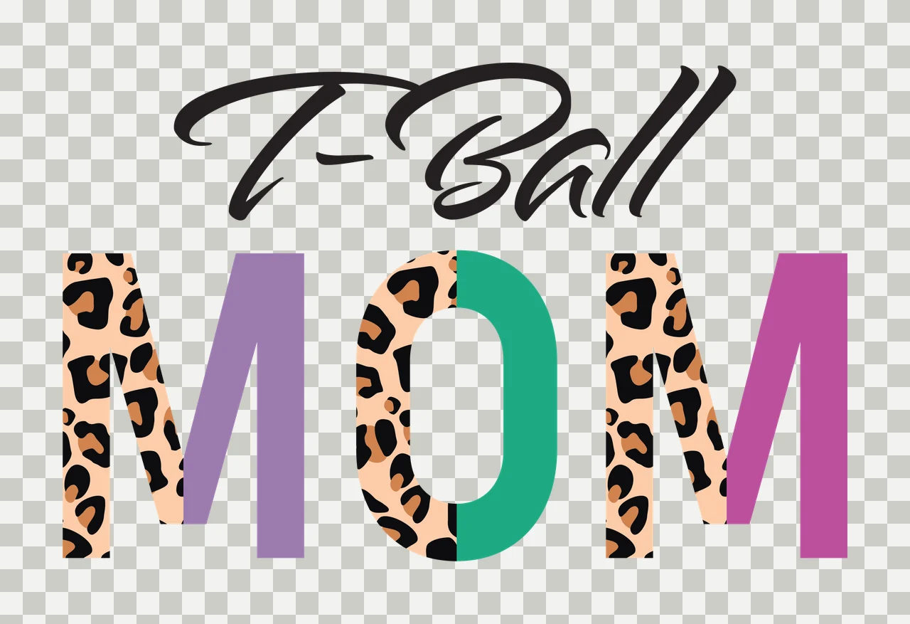 T-Ball MOM Typography Design with T-Ball script text, MOM letters with leopard print and solid colors, leopard print pattern and purple letter M in black, beige and brown transparency and detail preview thumbnail