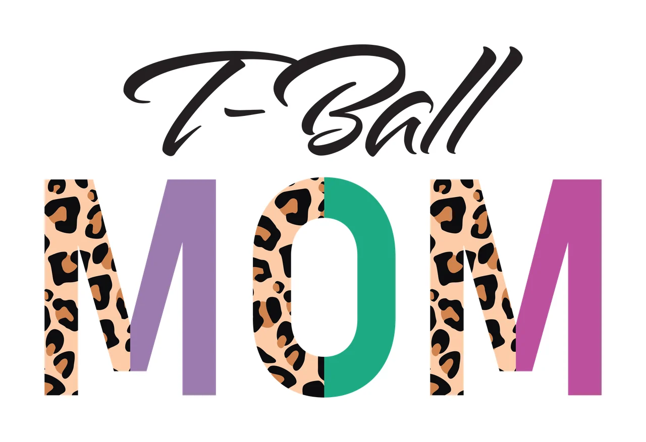 T-Ball MOM Typography Design with T-Ball script text, MOM letters with leopard print and solid colors, leopard print pattern and purple letter M in black, beige and brown