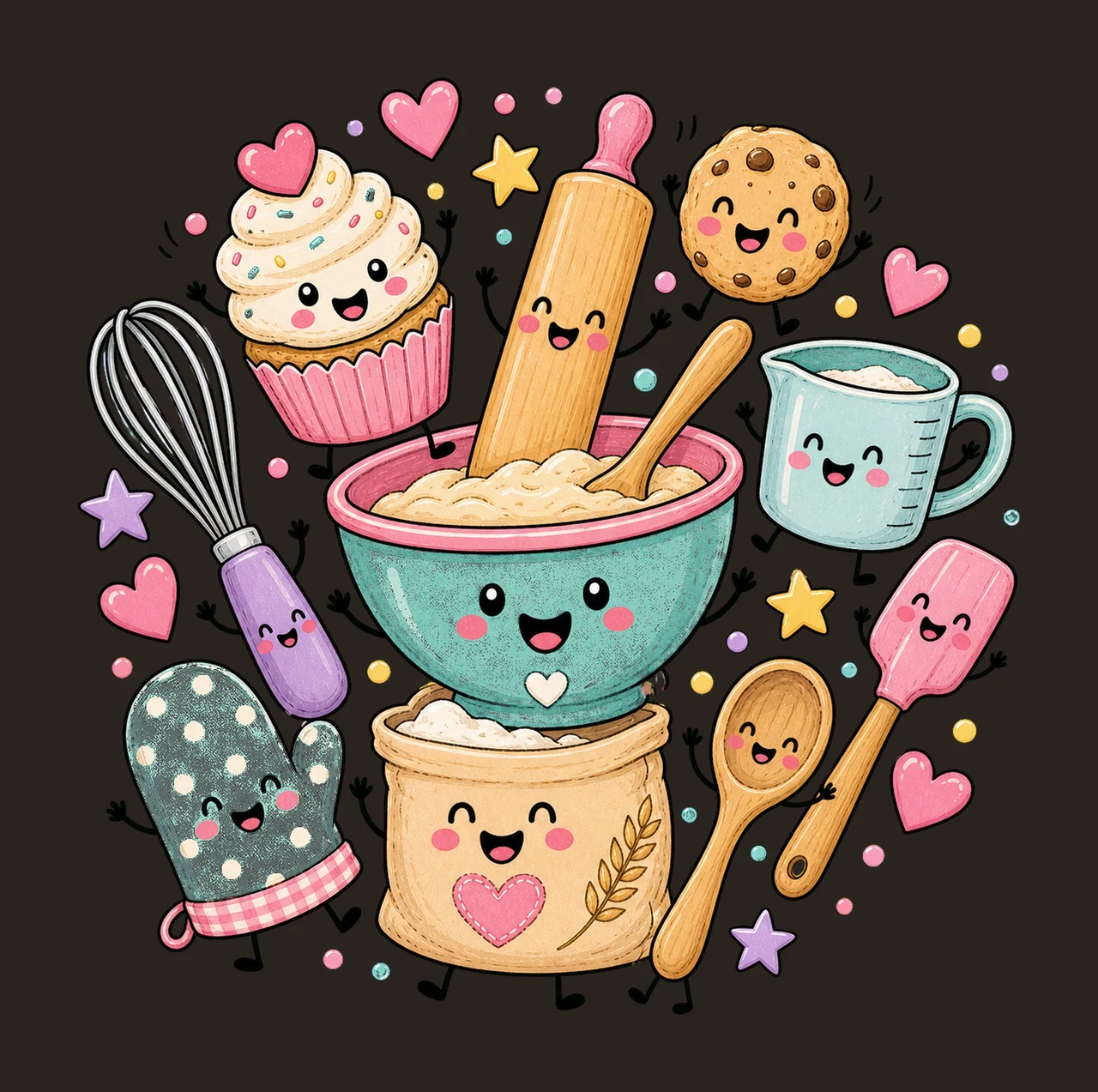 Baking Lover Doodle Characters Cute Baking Crew Variation D contrast preview thumbnail