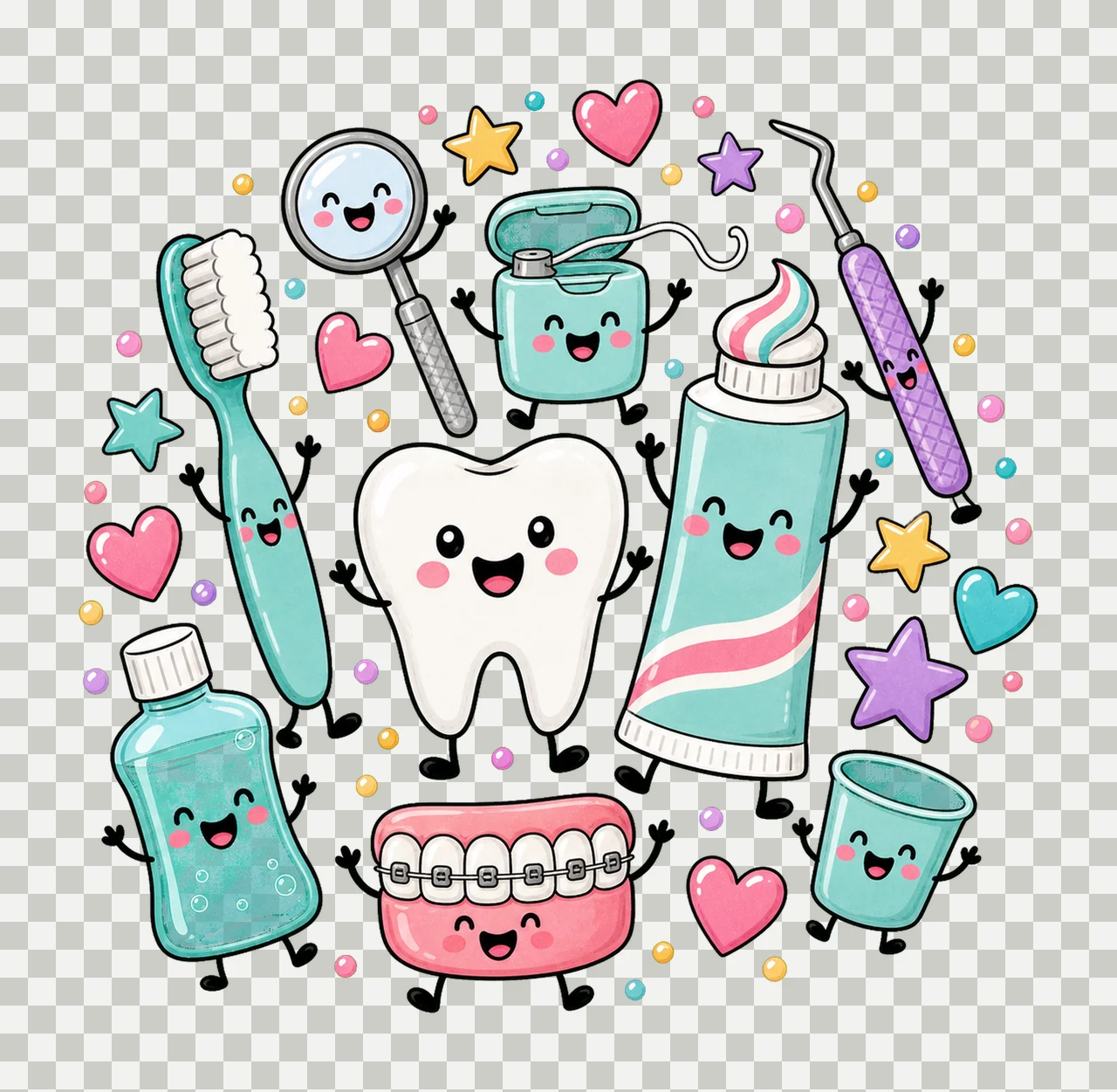 Dentist Doodle Cute Dental Characters Design Variation B transparency and detail preview thumbnail