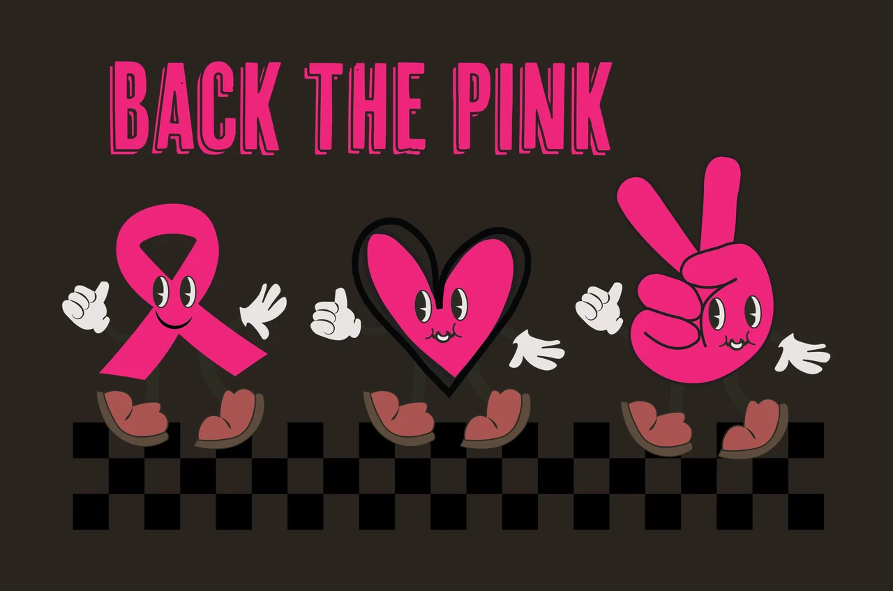 Back The Pink Cartoon Characters walking awareness ribbon heart contrast preview thumbnail