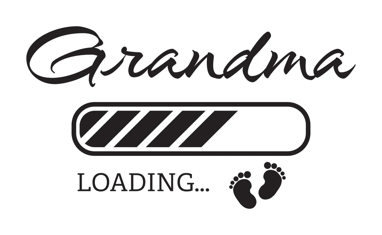 Grandma LOADING... Grandma Loading... Design with Grandma text, progress bar with diagonal stripes and two baby footprints in black and white