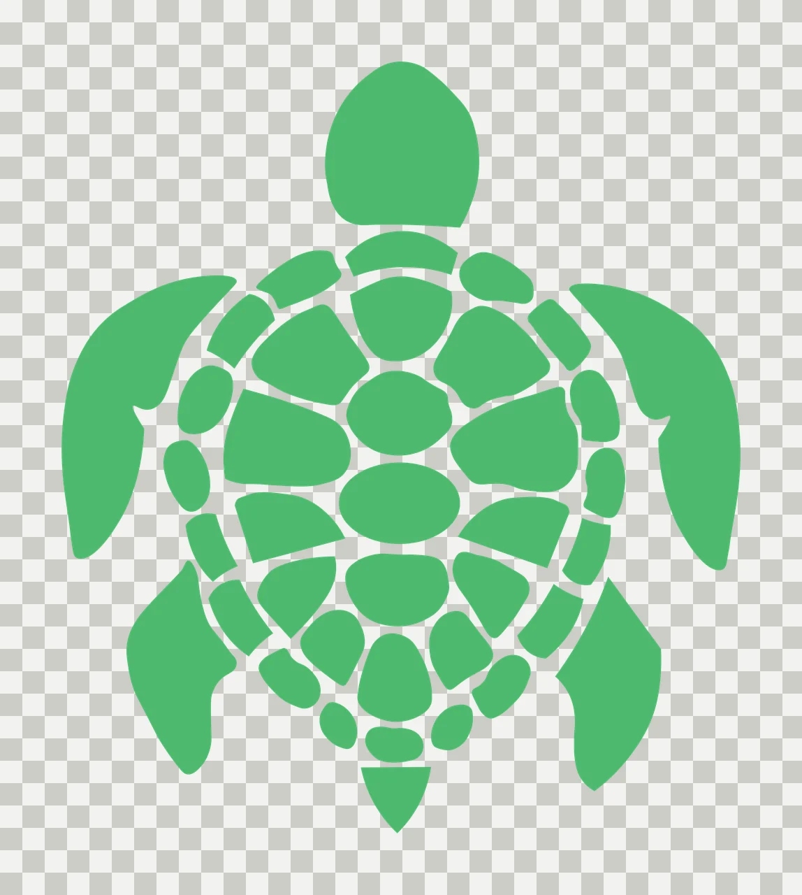 Silhouette Design of sea turtle with head, flippers, shell scutes and carapace in green and white transparency and detail preview thumbnail