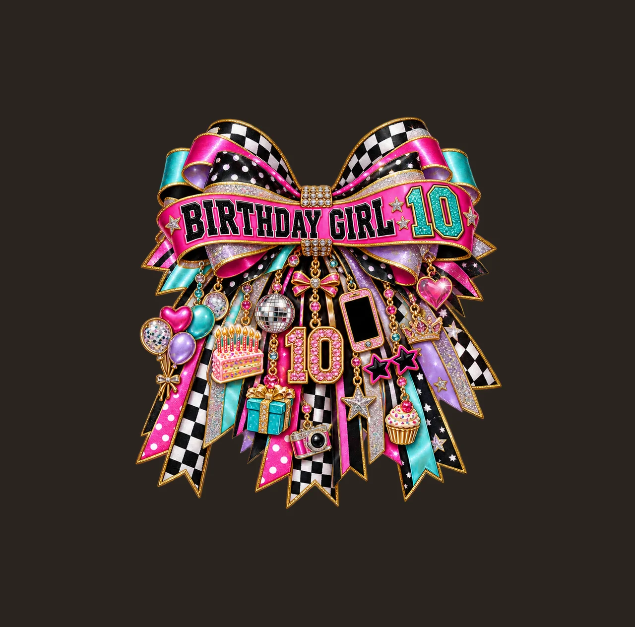 Birthday Girl 10 Bow Charm PNG, Patterned Coquette Bow Clipart, Transparent Sublimation Digital Download contrast preview thumbnail