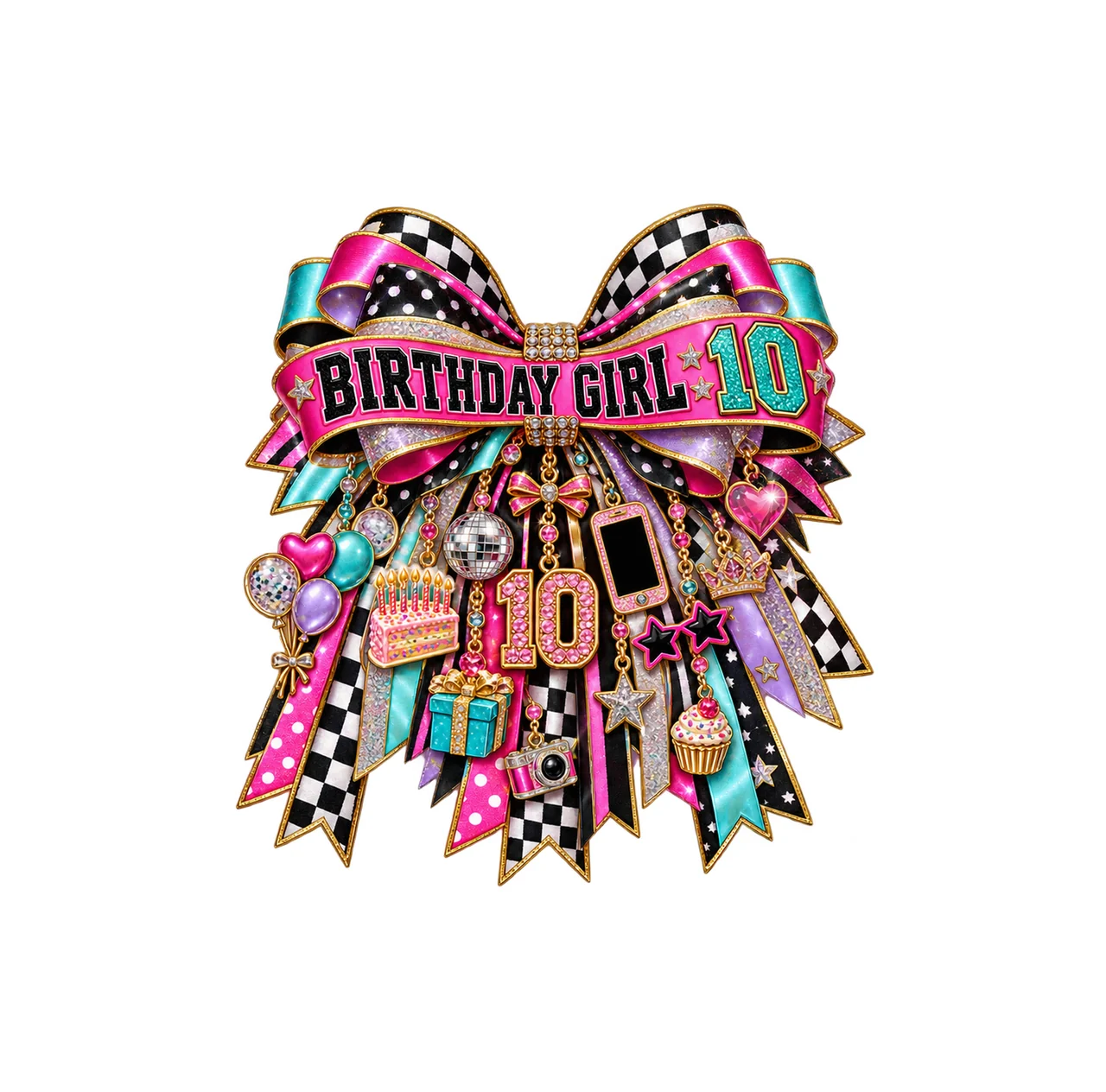 Birthday Girl 10 Bow Charm PNG, Patterned Coquette Bow Clipart, Transparent Sublimation Digital Download