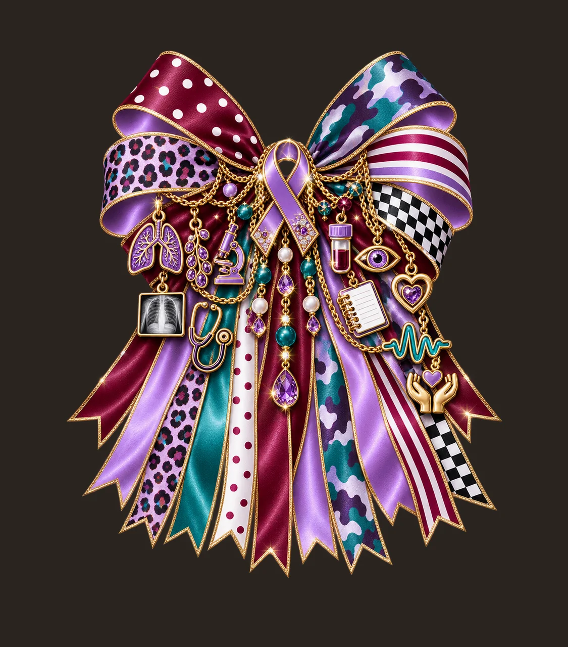 Sarcoidosis Awareness Bow Charm PNG, Themed Gold Chain Charms, Coquette Ribbon Sublimation Design, Transparent Digital Download contrast preview thumbnail